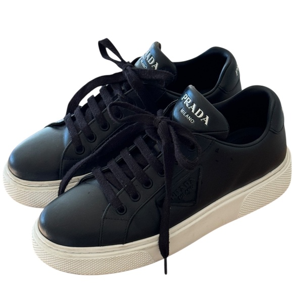 Prada Black Monochrome Leather White Sole Women's Sneakers 37/7 Authentic Shoes - Picture 1 of 13